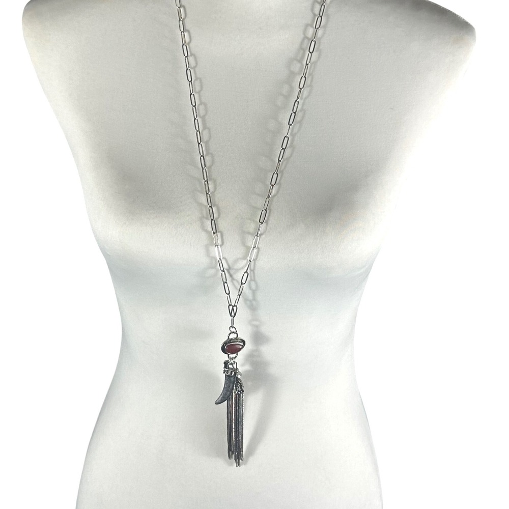 Free People Dandee Long Necklace NWT Silver Red Agate Tassel Boho Charm - Picture 2 of 8